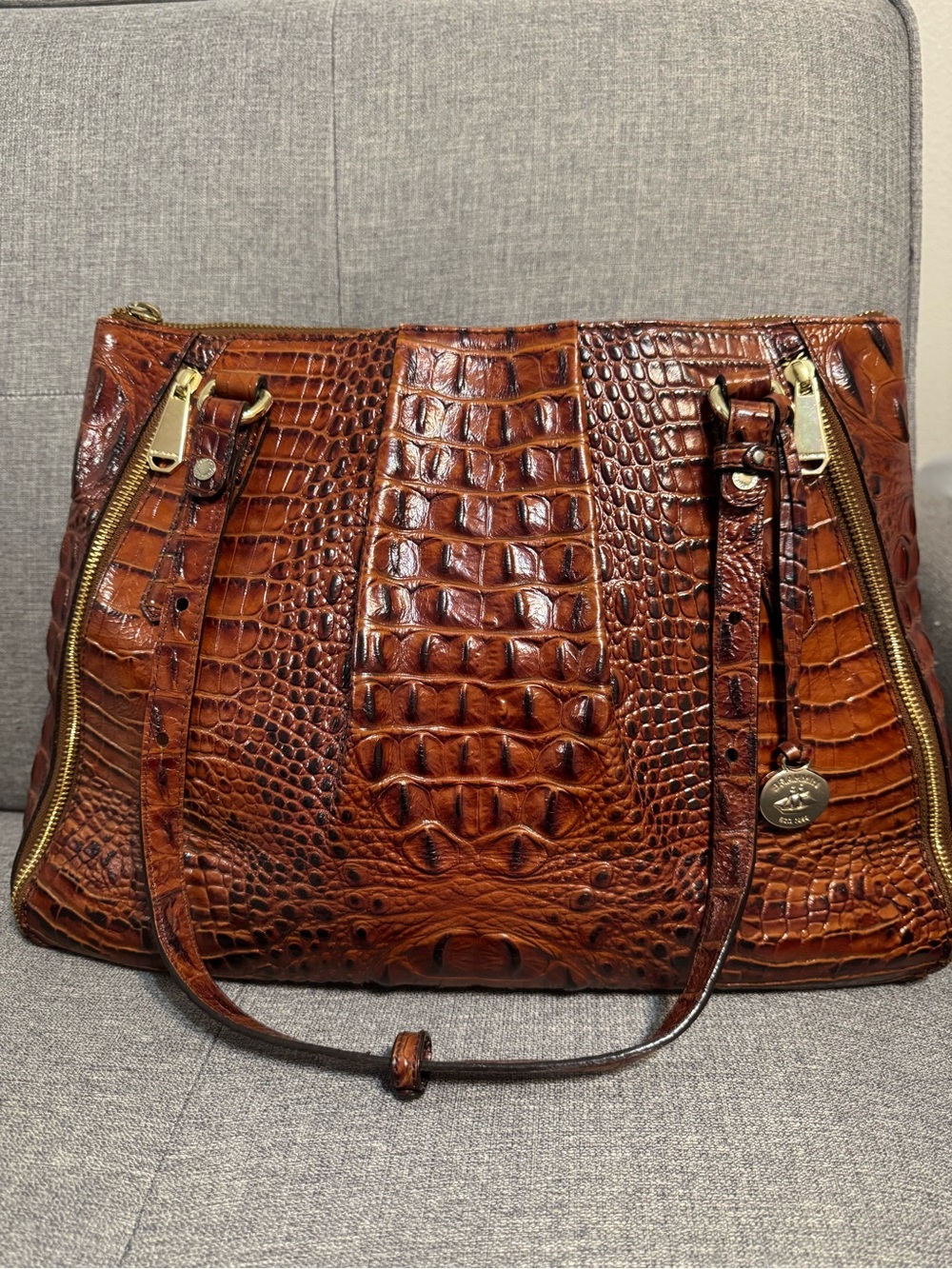 Brahmin Cognac Croc Embossed Leather Large Tote Shoulder Bag EUC